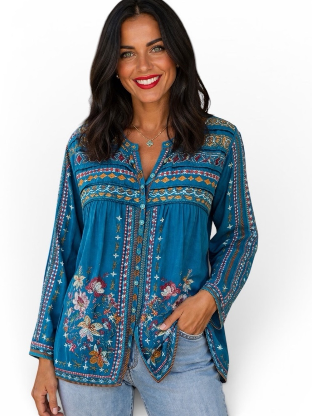 Johnny Was Dover Heavily Embroidered Blouse Cerulean Blue NWT (oversized)